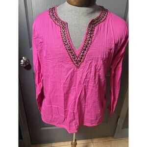 Michael Kors Womans Sz L Top Beaded V Neck Pink 100% Cotton lightweight Festival